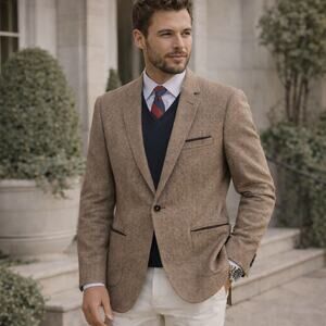 Topman Preppy Tweed Blazer Men's 36R Tan Brown Wool Blend Sapphire Blue Lining